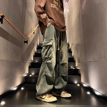 High street hip-hop men and women trendy personality large pocket straight leg washed denim jeans couple retro casual pants y2k